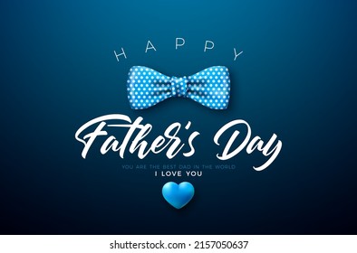 Happy Father's Day Greeting Card Design with Bow Tie and Heart on Blue Background. Vector Celebration Illustration for Best Dad. Template for Banner, Flyer or Poster.