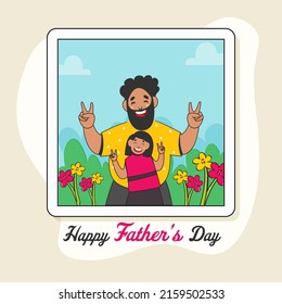 Happy Father's Day Greeting Card With Cheerful Man And His Daughter Giving Peace Sign On Square Frame And Beige Background.