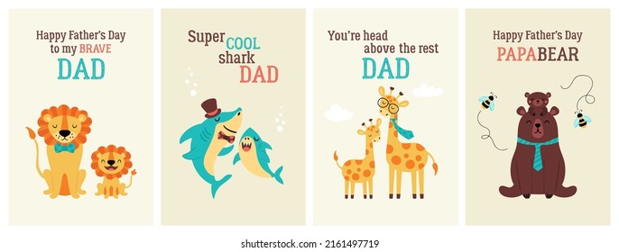 Happy Father's day greeting card set with cute animals. Childish print for cards and stickers decoration