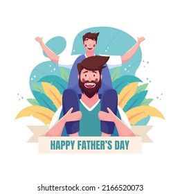 Happy Father's day greeting card. Dad in superhero costume holds son on his shoulders. Cheerful cartoon characters. Vector illustration.