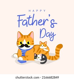 Happy Father's Day greeting card vector design. Handsome Ginger father cat and kitten