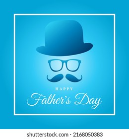 Happy Father's Day Greeting Card on Blue Background with Hat, Glasses, Mustache, and Lettering Vector Illustration