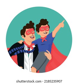 Happy Father's day greeting card. Dad in superhero costume holds son on his shoulders. Cheerful cartoon characters. Vector illustration.