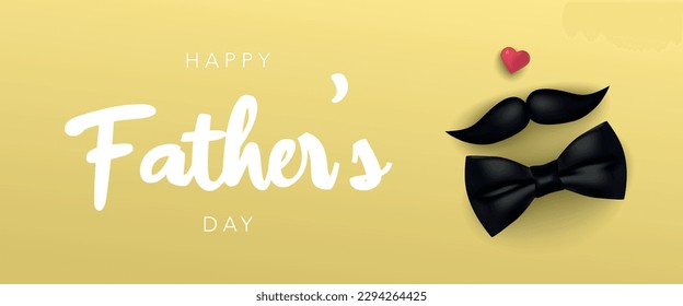 Happy Father's Day greeting card with bow tie, moustache and cute heart. Vector illustration for banner, background, poster, sale, promo, discount, website social media, flyer, brochure, event, ads.