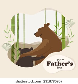 Happy Father's Day Greeting Card or Poster Design with Cute Bear and Son Duo Character in Bamboo Landscape.