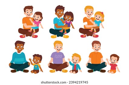 Happy Father's day greeting card. Set of Kid and Father Collection. Father with Daughter and son sitting, talking  and hugging. Diversity Family Parenthood. vector illustration