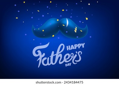Happy fathers day greeting card with blue moustache. 3d vector illustration