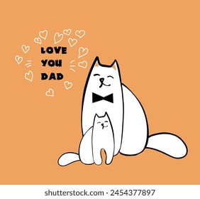 Happy Father's Day greeting card vector design. Handsome Ginger father cat and kitten.