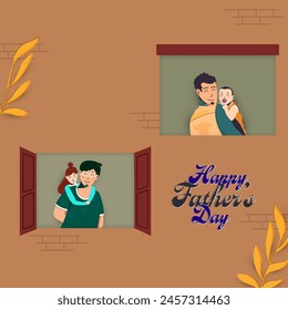 Happy Father's Day greeting card, two images of dad with baby on brown background.