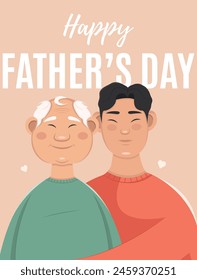 Happy Father's day greeting card. Adult father and his son. Asian family in flat style. Vertical vector illustration