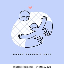 Happy Father's Day greeting card or banner design. Graphic illustration of father and son hugging.