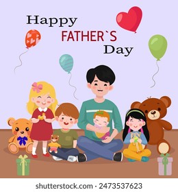 Happy Father's Day Greeting Card! A happy father surrounded by his children and plush toys celebrates Father's Day. Vector illustration