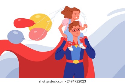 Feliz Día de los Padres, tarjeta de felicitación, diseño de póster con super papá. Personaje fuerte del superhombre en el traje divertido del héroe y la capa que sostiene a la muchacha con el manojo de globos en los hombros Ilustración vectorial de dibujos animados