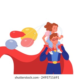 Feliz Día de los Padres, tarjeta de felicitación, diseño de póster con super papá. Personaje fuerte del superhombre en traje divertido del héroe y capa que sostiene a la muchacha con el montón de globos en los hombros