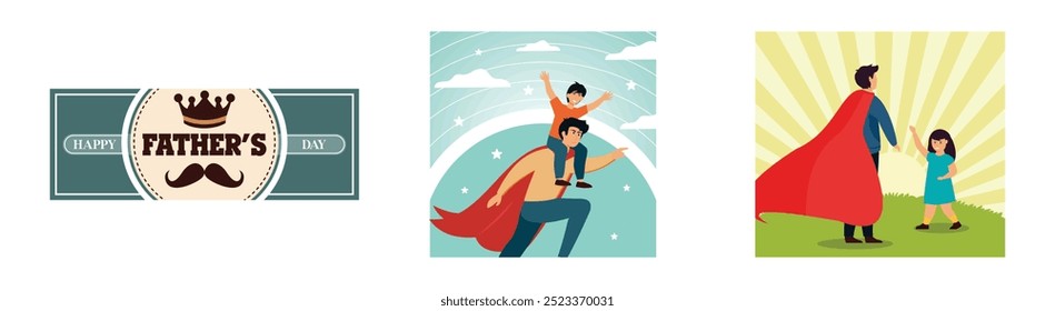 Happy Father's Day greeting card. Dad in superhero costume holds son on his shoulders. Father Day Happy Superhero with daughter. Set flat vector modern illustration 