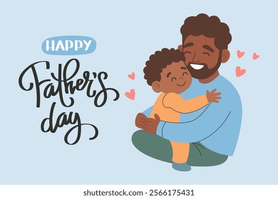 Happy Father's Day greeting card with with cute african american dad holding his son. Holiday illustration in flat style.