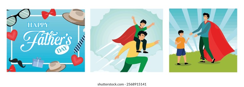 Happy Father's Day greeting card. Father in superhero costume carries his son on his shoulders. Superhero Happy Father's Day with his son. Set flat vector modern illustration 