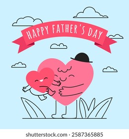 Happy Father's Day greeting card. Cute cartoon heart dad character holding baby child. Hand-drawn doodle style holiday banner. Love, appreciation, fatherhood and family bonding illustration. Vector