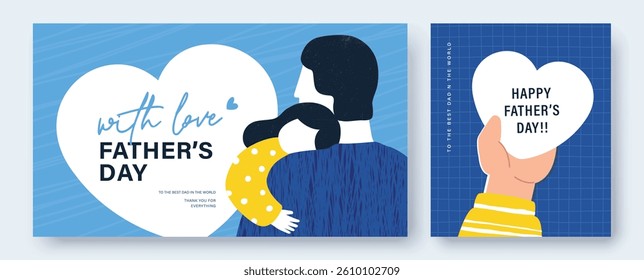 Happy Fathers Day greeting card, poster, cover, vector illustrations with father and son in trendy flat style.