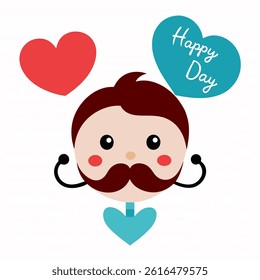 Happy Father`s Day greeting card with funny heart face mustache and a cute little one. Vector illustration on white background.