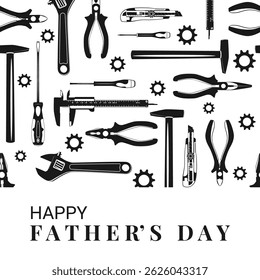 Happy Fathers Day greeting card, poster with work tools silhouettes, vector illustration. Fathers Day sale, Labor Day design element.