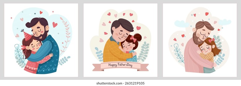Happy Father's Day greeting card. Cute father hugging daughter with love. Flat vector illustration for holiday, family celebration, or postcard design