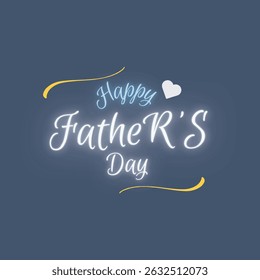 Happy father's day greeting card with a dark navy blue background and Happy Father's Day" in a stylized, light blue script font And a small white heart and Two light gold _ yellow drawing curly lines