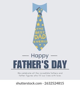 Happy father's day greeting card with light gray background and a tie icon and  happy father's day text below the tie icon. Father's day text written in bold, navy-blue capital letters.