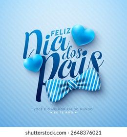 Feliz Dia dos Pais Cartão de Saudação Design com Coração Azul e Laço Listrado no Fundo Azul Claro. Feliz Dia dos Pais Ilustração Vetorial em Língua Portuguesa para o Amado e Melhor Pai