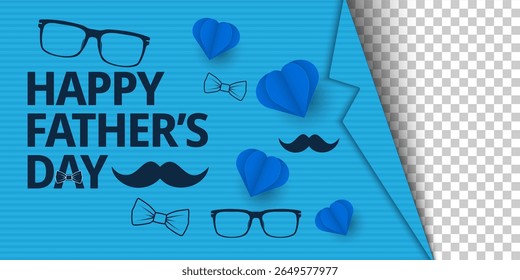 Happy Father's Day greeting card, banner, poster or flyer design with flying origami hearts, paper mustache, glasses and bow tie. Paper art, digital craft style