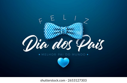 Feliz Dia dos Pais Cartão de Saudação Design com Coração Azul e Gravata de Arco no Fundo Azul. Feliz Dia dos Pais, Ilustração Vetorial em Português para o Pai Amado e Melhor. Modelo para o banner