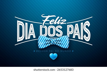 Feliz Dia dos Pais Projeto do Cartão de Saudação com Coração Azul, Gravata Arco e Tipografia Lettering no Fundo Azul. Feliz Dia dos Pais Ilustração Vetorial em Língua Portuguesa para o Amado e Melhor Pai