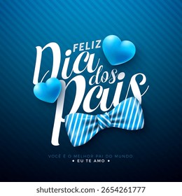 Happy Father's Day Greeting Card Design with Blue Heart and Bow Tie on Blue Background. Feliz Dia dos Pais Portuguese Language Vector Illustration for the Loved and Best Dad. Template for Banner