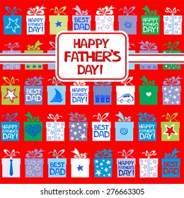 Happy Father's Day! Greeting card. Celebration red background with gift boxes and place for your text. vector illustration