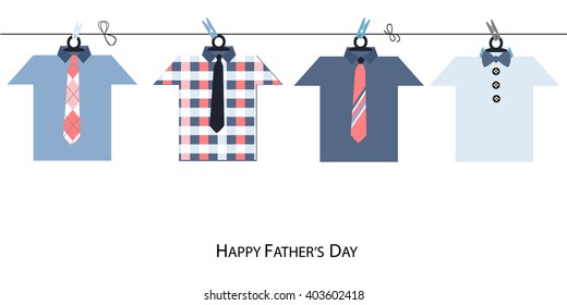 Happy Father's Day greeting card with hanging tie, shirt, gift  vector background