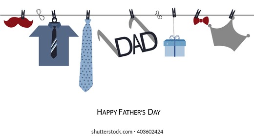 Happy Father's Day greeting card with hanging tie, shirt, gift  vector background