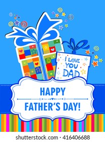 Happy Father's Day! Greeting card. Celebration blue background with gift boxes and place for your text. vector illustration