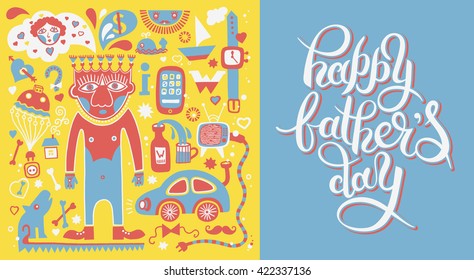happy fathers day greeting card with hand lettering inscription vintage retro type font and father thinks illustration, vector calligraphy poster