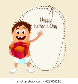 Happy Father's Day greeting card design with illustration of cute boy holding gift and space for your wishes.