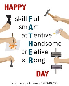 Happy fathers day greeting card. Flat vector design. Father word puzzle with icons. Poster, banner design for dad holiday.