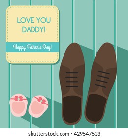 Happy fathers day greeting card design set with man shoes and baby booties, vector illustration