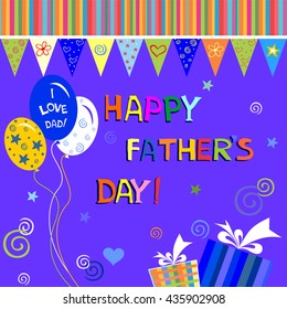 Happy Father's Day! Greeting card. Celebration violet background with gift boxes, balloon and place for your text. Vector Illustration