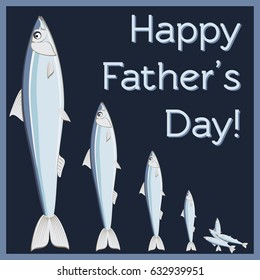 Happy Father's day greeting card with text and big and small catch fish. Congratulation for dad fisher. Cartoon vector illustration in flat style.