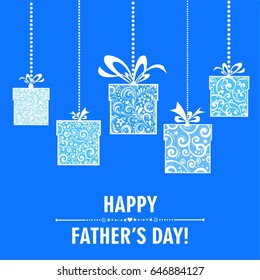 Happy Father's Day! Greeting card. Celebration blue background with gift box, stars and place for your text. Vector illustration