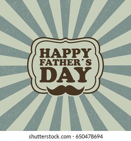 Happy Father`s Day. Greeting card for dad, template for poster, banner, postcard. Illustration on sunburst background with mustache and lettering in frame. Vector.