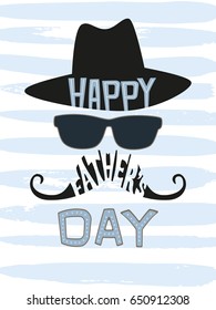 Happy Father's Day greeting card. Lettering design in a light turquoise colors with mustache, hat and sun glasses, on a striped brush stroke background. Vector Illustration.