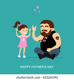 Happy father's day greeting card. Cool daddy rocker plays with her small daughter. The girl braided father's beard. Inscription Happy father's day. Vector illustration