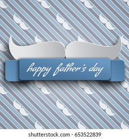 Happy Fathers Day greeting card design for men's event, banner, flyer or poster. Seamless striped blue background with paper cut mustache. Congratulation text on the blue ribbon. Vector illustration