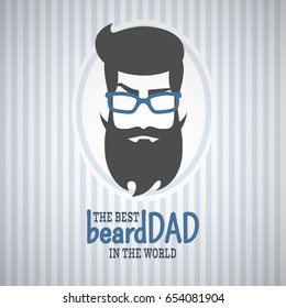 Happy Fathers Day greeting card design for hipster male event, banner, poster. Striped background with men's face with beard, mustache, hair forelock, glasses. Congratulation text. Vector illustration