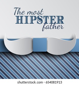 Happy Fathers Day greeting card design for men's event, banner or poster. Striped blue background with paper cut mustache shaped necktie. Congratulation text on backdrop. Vector illustration